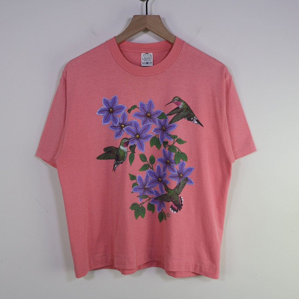 Vintage 1995 Cotton Grove‎ Hummingbird Graphic T-Shirt Large Pink Cotton Nature